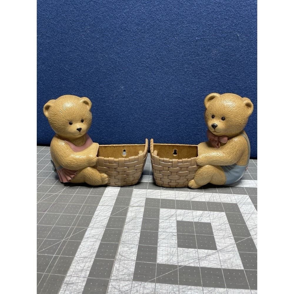 Vintage 1989 Burwood Blue Teddy Bears with Baskets Planters Nursery Wall Decor